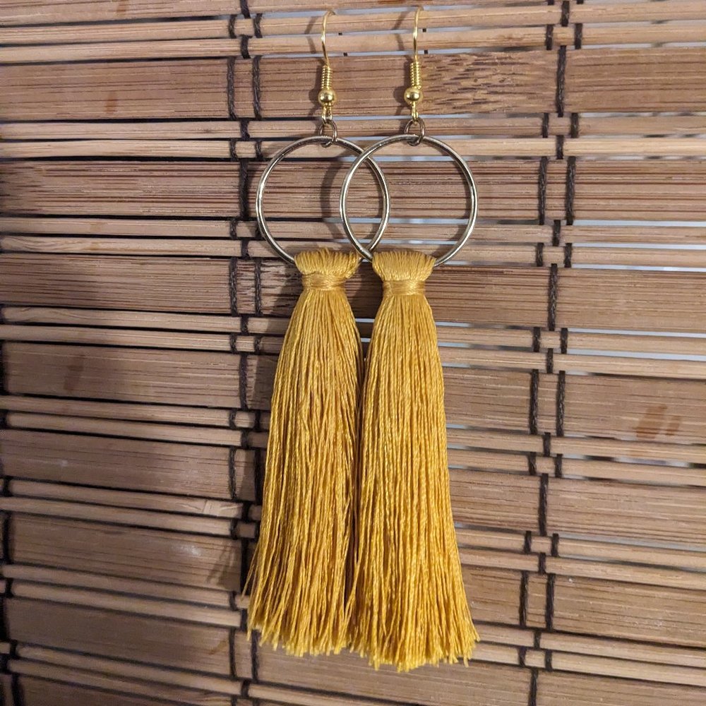 Yellow Tassel Earrings with Gold Tone Hoops